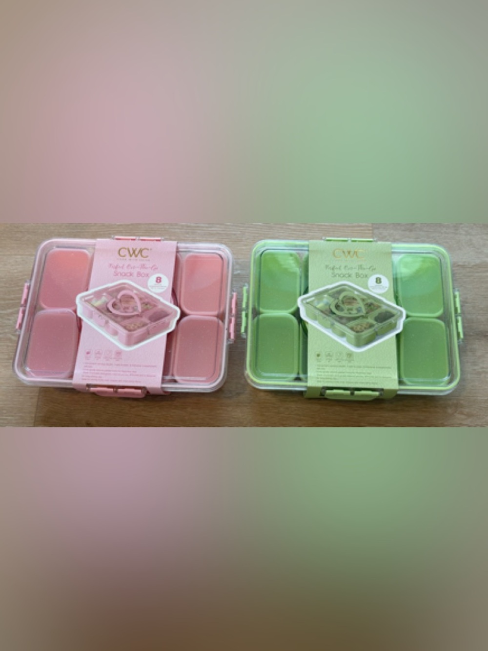 2- CWC COOK WITH COLOR Pink & Green Snack Box Set - 8 Compartments Storage NEW